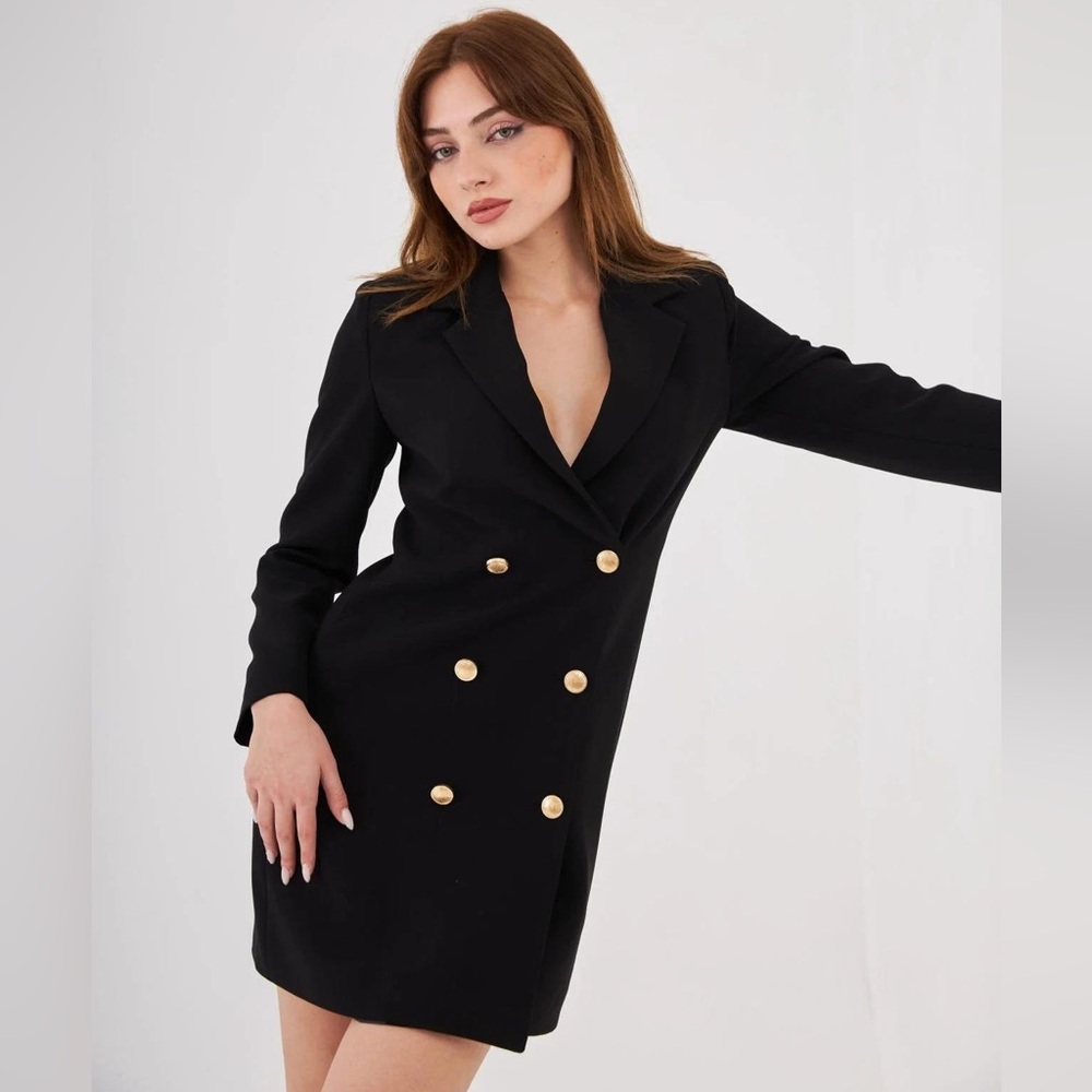 Black Blazer Dress with Gold Buttons